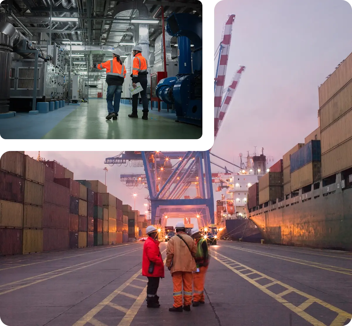 Workers inspecting shipping containers at port