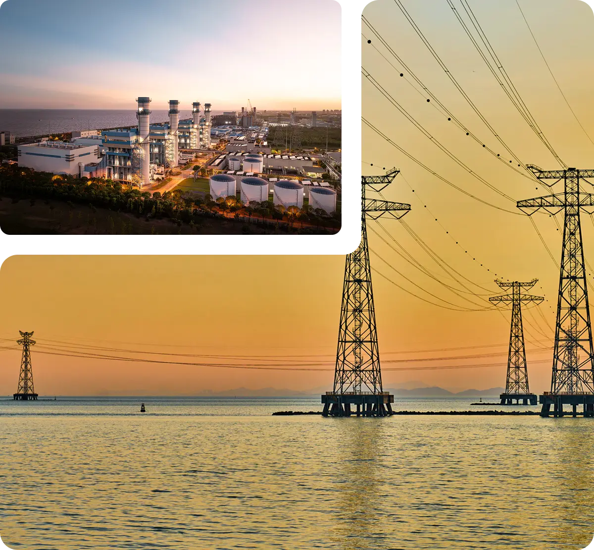 Industrial facility and transmission towers over water
