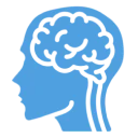 Blue brain icon in profile view